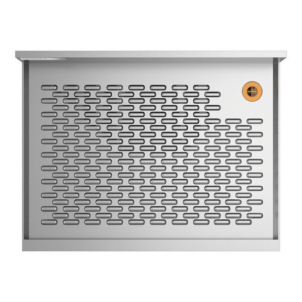 A stainless steel underbar drainboard with a perforated surface and a drain hole, measuring 24 by 18 inches.