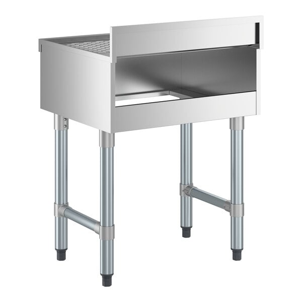 A stainless steel underbar drainboard with four legs and a raised back, measuring 24 inches by 21 inches.