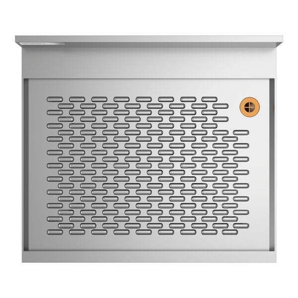 A stainless steel underbar drainboard with a perforated surface and a small circular drain, measuring 24 inches by 21 inches.