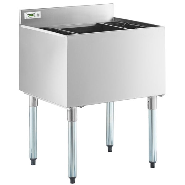 A Regency stainless steel underbar ice bin with bottle holders.