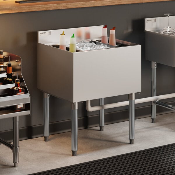 Regency IB212412 21" x 24" Stainless Steel Underbar Ice Bin with Bottle Holders - 77 lb.