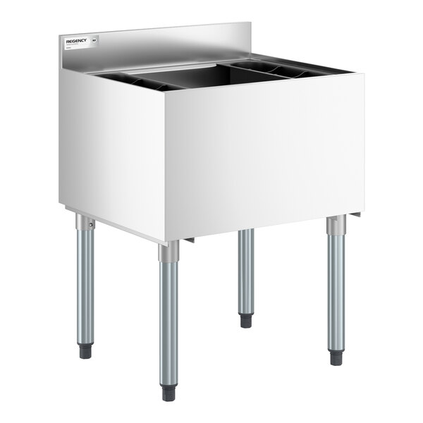 A stainless steel underbar ice bin with four legs and built-in bottle holders.