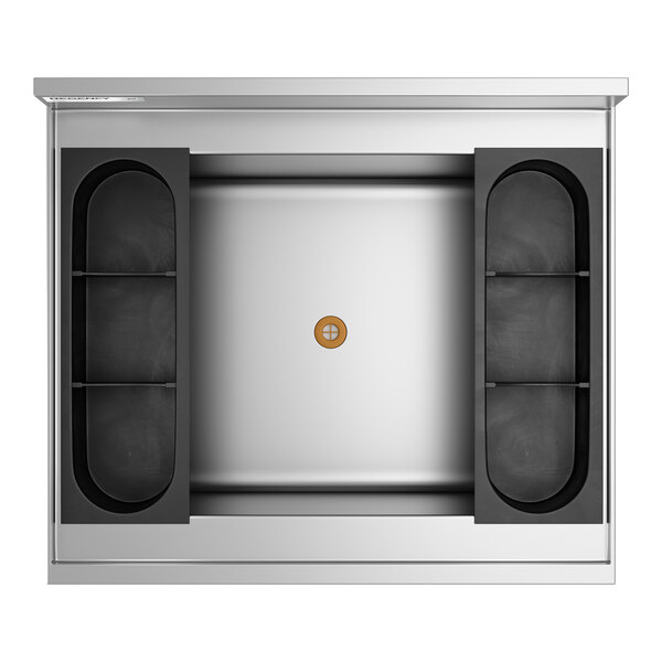 A top-down view of a stainless steel rectangular bin with a central drain and two black bottle holders on either side.