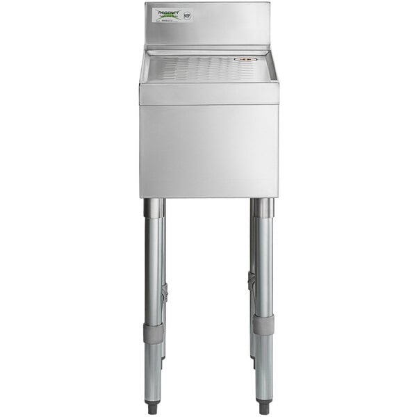 A Regency stainless steel underbar drainboard with a drain.