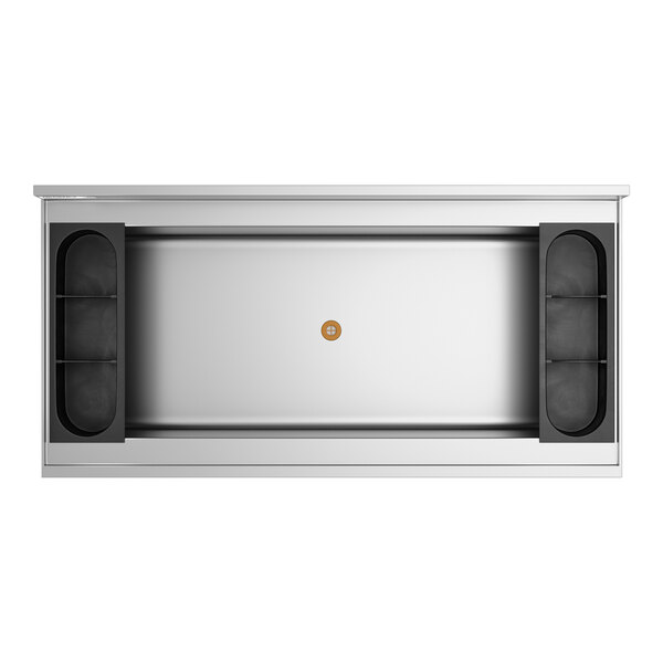 A rectangular stainless steel bin with a central drain and two black bottle holders on each side.