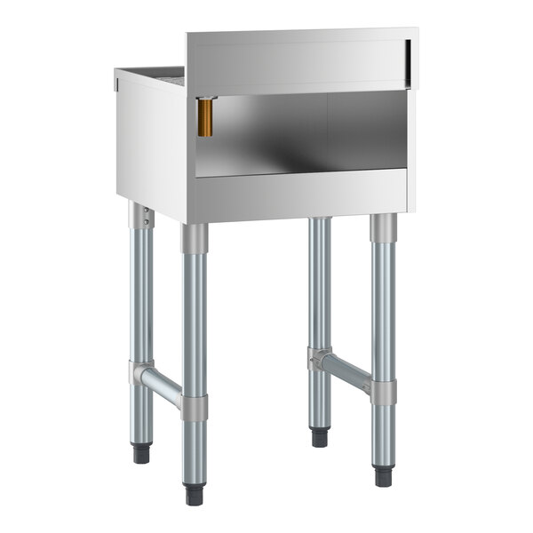 A stainless steel underbar drainboard with four legs and an 18 inch by 18 inch surface.