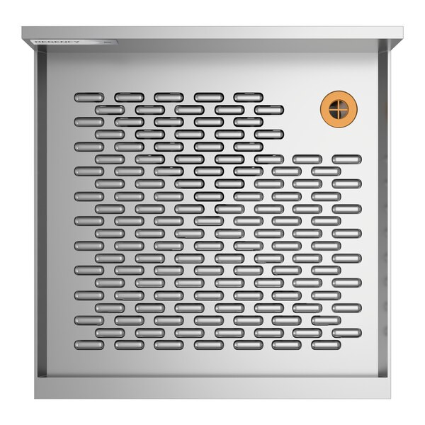 A stainless steel underbar drainboard with a perforated surface and a circular drain opening.