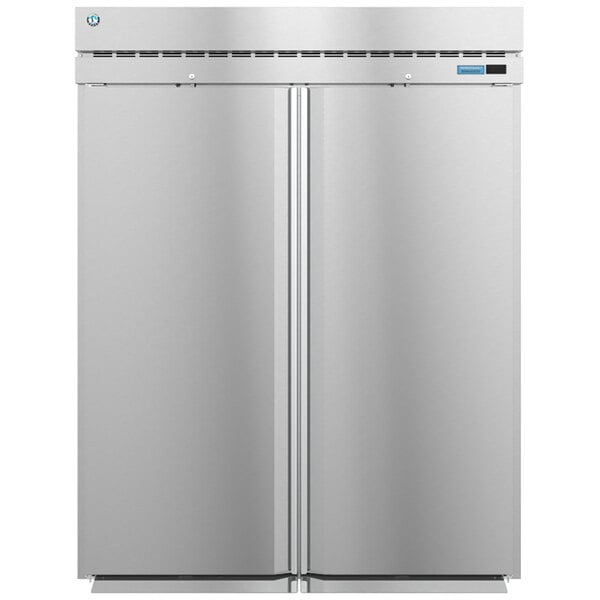 A silver Hoshizaki roll-thru refrigerator with two solid doors.