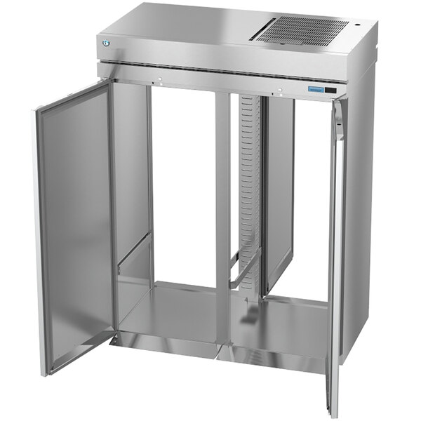 A silver metal Hoshizaki roll-thru refrigerator with open doors.