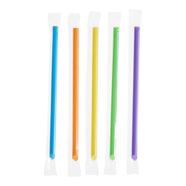 A set of five individually wrapped neon-colored pointed smoothie straws.