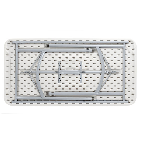 a white plastic table with metal legs