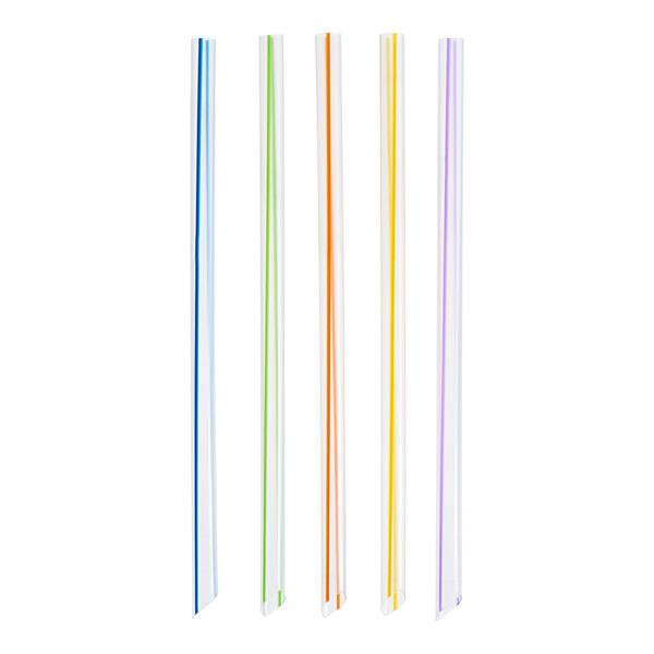 A set of five clear plastic straws with colored stripes in blue, green, orange, yellow, and purple, each with a pointed end.