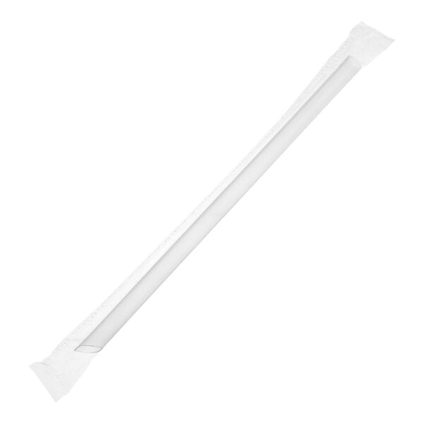 A translucent 9-inch pointed straw individually wrapped in paper.