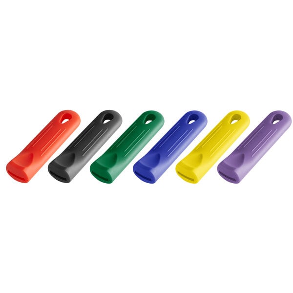 A group of different colored silicone pan handle sleeves.