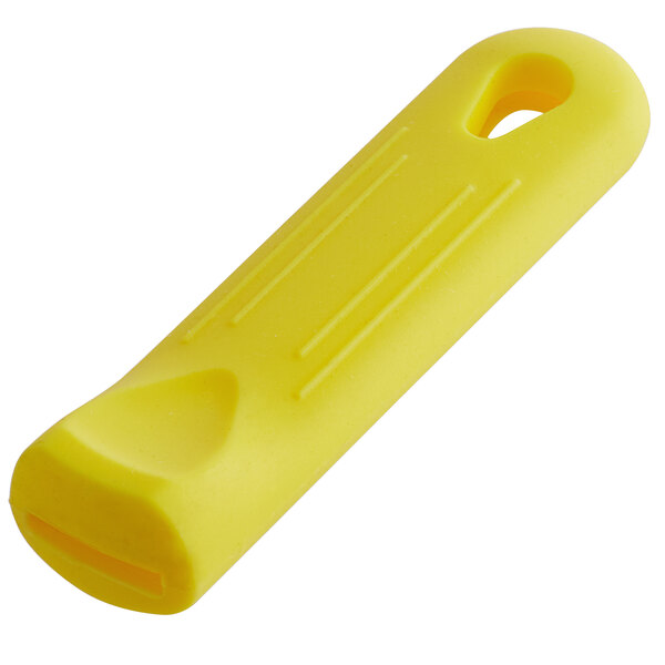 A yellow rectangular silicone sleeve with a hole for a pan handle.