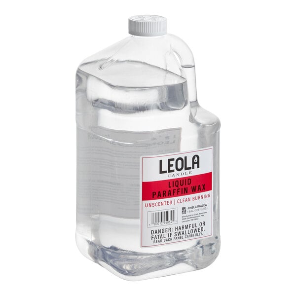 A one-gallon container of Leola Candle liquid paraffin wax for use as lamp fuel.