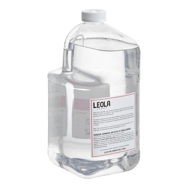 A one-gallon container of Leola Candle smokeless liquid candle paraffin wax lamp fuel.