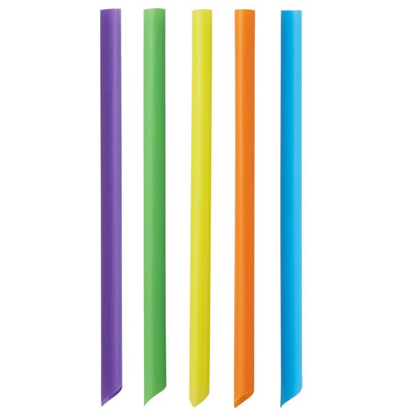 A group of colorful neon plastic straws including blue, green, yellow, and red.