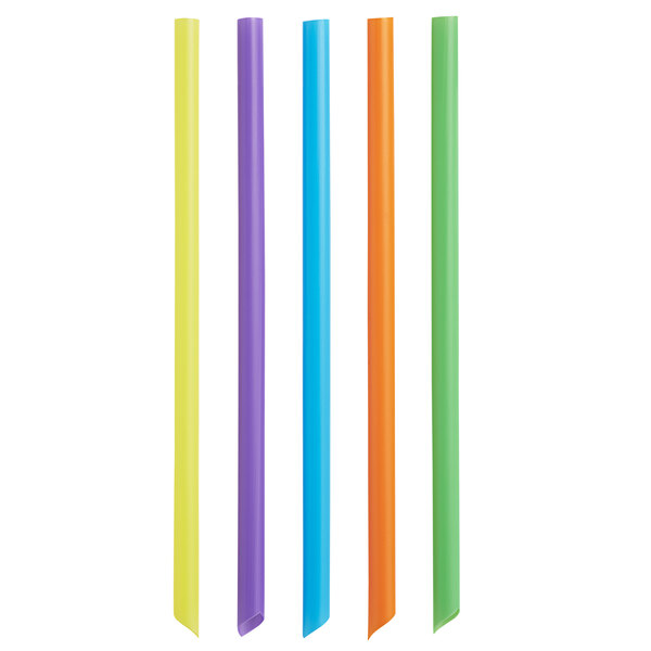 A group of colorful neon plastic straws with a blue and purple rectangle.