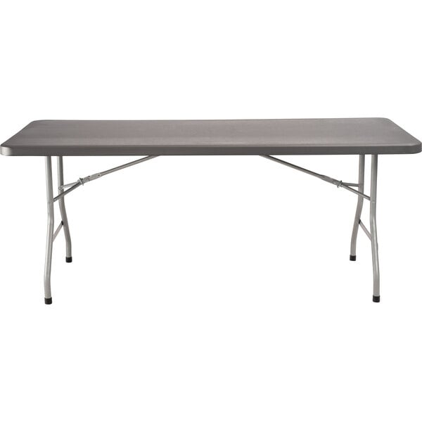 A National Public Seating charcoal slate rectangular table with metal legs.