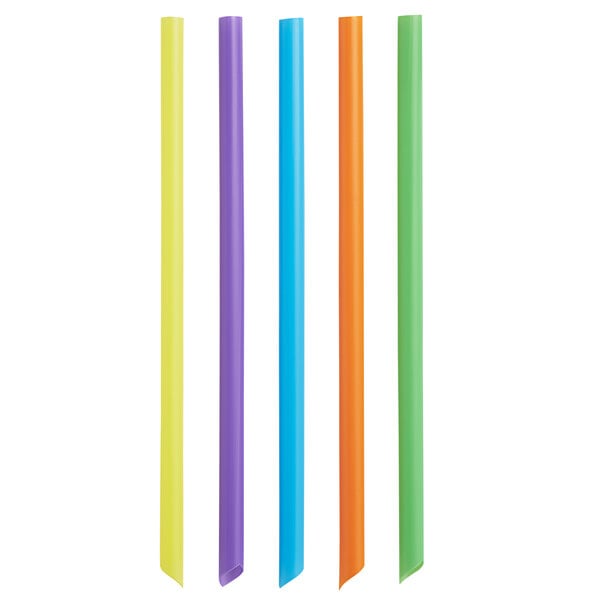 A group of neon plastic straws in blue, yellow, purple, and green.