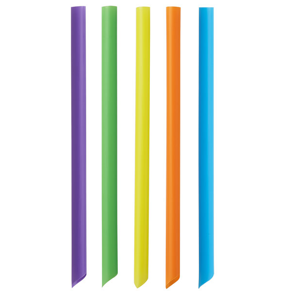 A group of colorful Choice neon plastic straws in blue, green, yellow, and red.