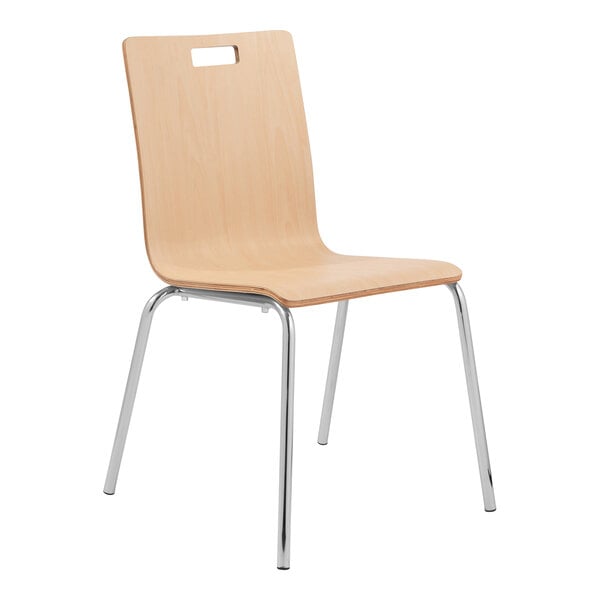 A National Public Seating Bushwick series natural finish wooden cafe chair with metal legs and a cut-out back.