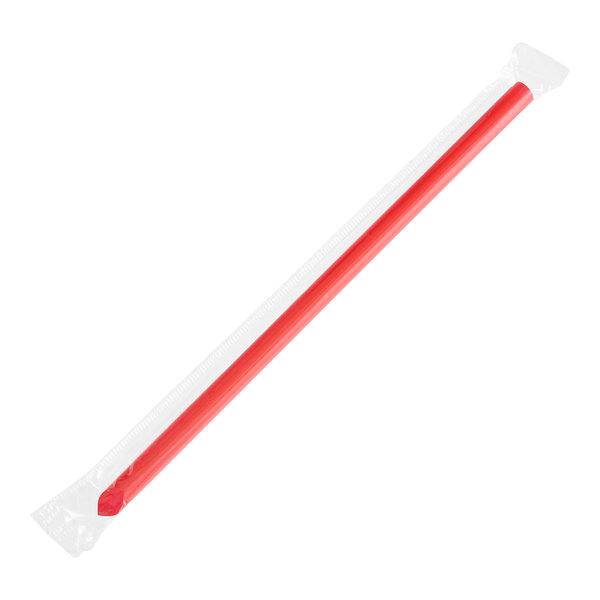 A red plastic smoothie straw with a pointed end, individually wrapped in clear plastic.