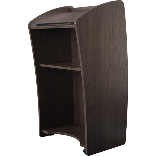 A brown wooden Oklahoma Sound Vision lectern with shelves.