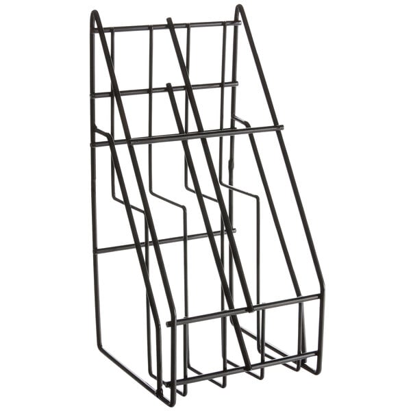 A black metal Monin rack with two tiers and several holes.