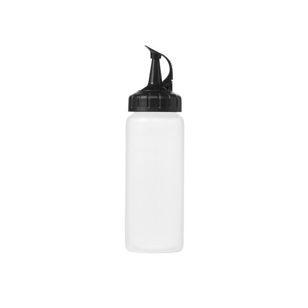 A clear squeeze bottle with a black cap.