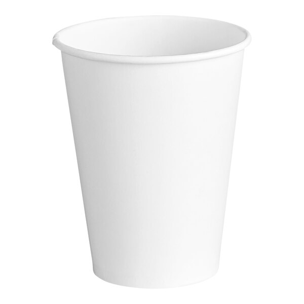 A plain white 12 oz. paper cup designed for serving cold beverages.