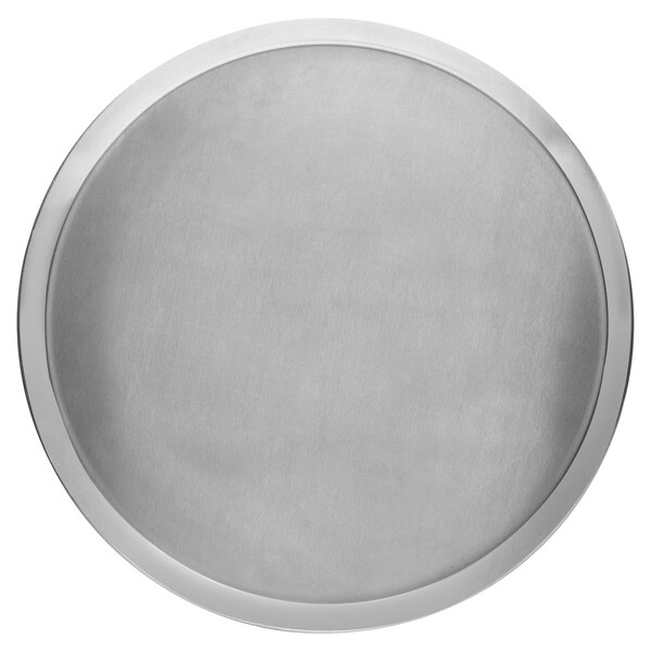 A close-up of a silver Vollrath pizza pan.