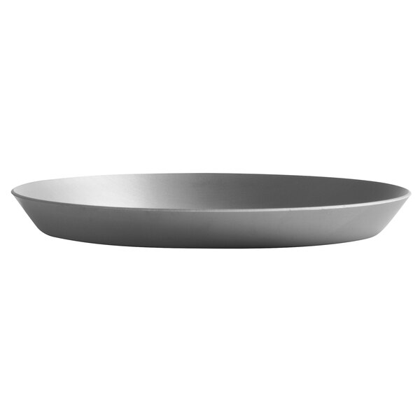 A close-up of a Vollrath clear coat anodized aluminum pizza pan with a grey finish.