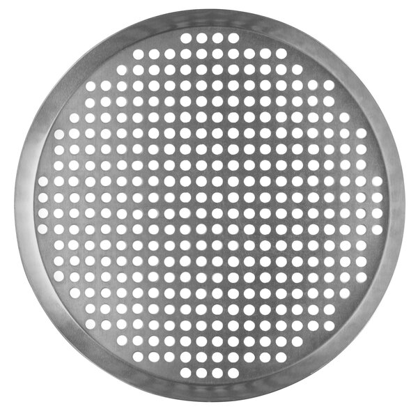 A close-up of a Vollrath 18" super perforated heavy weight aluminum pizza pan.