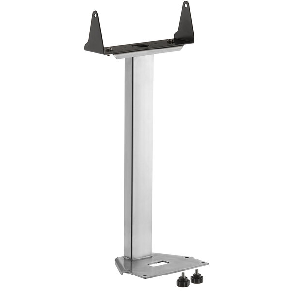 A stainless steel metal stand with two metal legs and black screws.