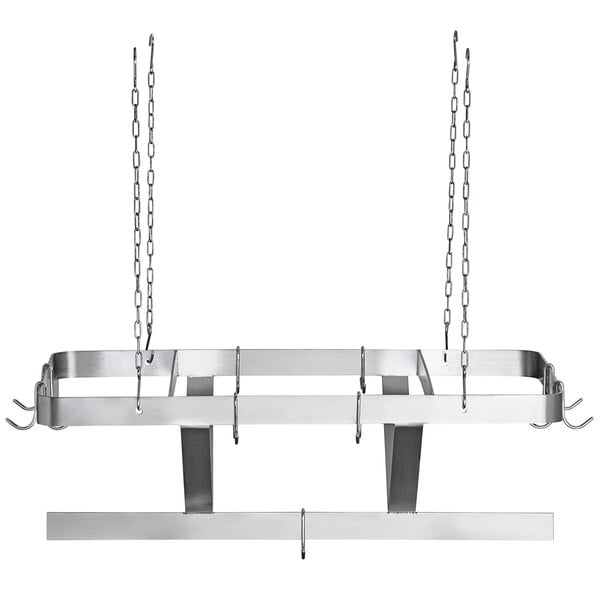 A Regency stainless steel ceiling-mounted pot rack with chains and hooks.