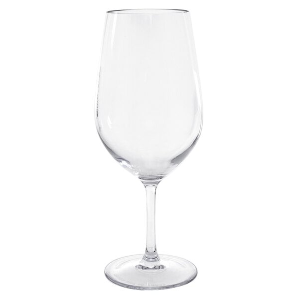 A clear wine glass with a stem.