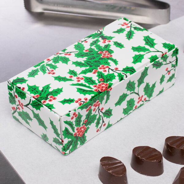 1/2 lb. Holiday Holly Candy Box (5 1/2&quot; x 2 3/4&quot; x 1 3/4&quot; ) - 250/Case
