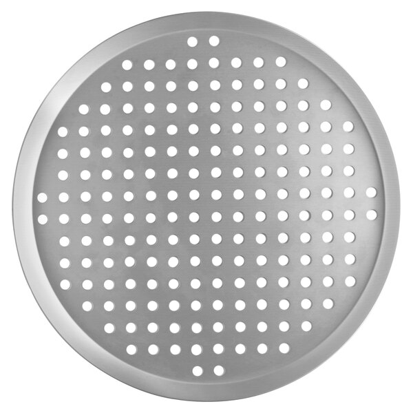 A Vollrath heavy weight aluminum pizza pan with perforated holes.