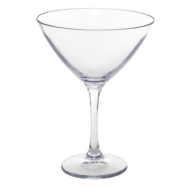 A Front of the House Drinkwise clear Tritan plastic martini glass with a stem.