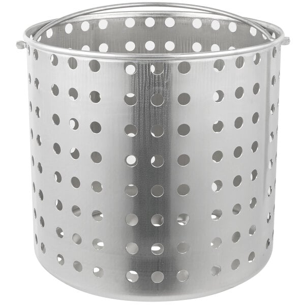 A silver metal basket with holes.