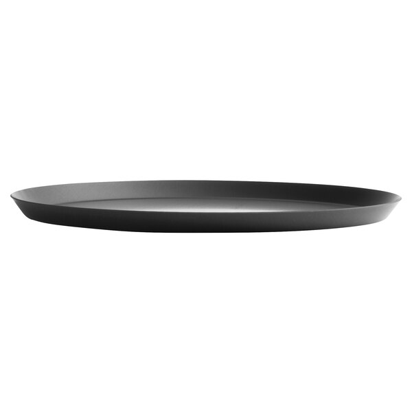 A black Vollrath Hard Coat Anodized pizza pan with a white background.
