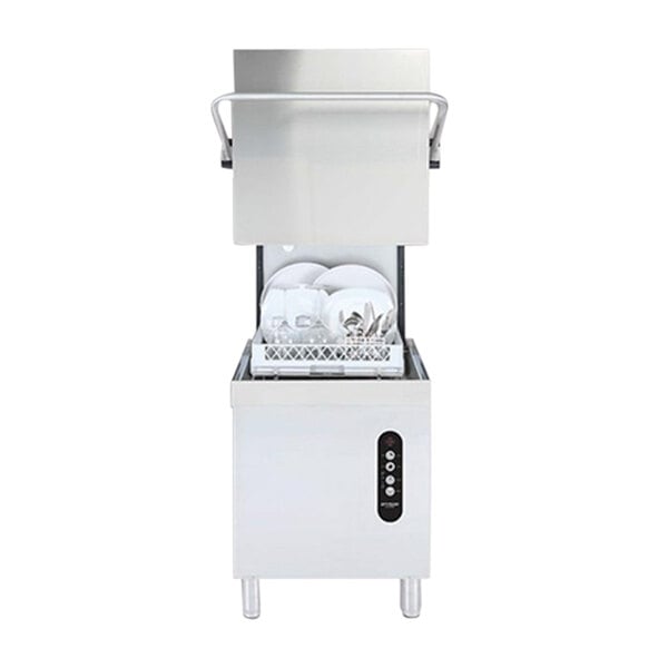 A white Jet Tech single rack dishwasher with dishes inside.