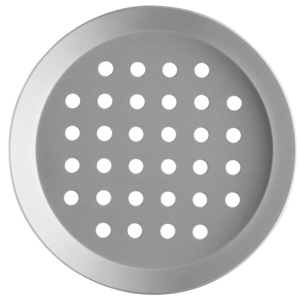 A circular silver Vollrath pizza pan with perforations.