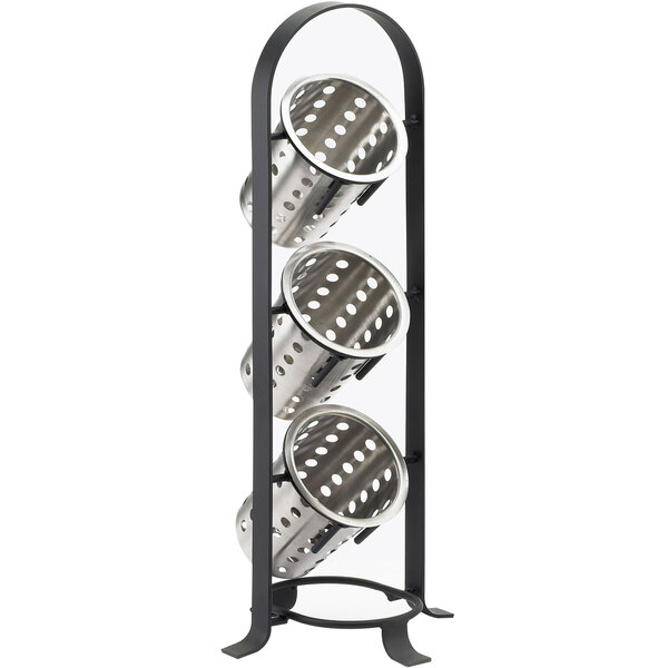 A black metal vertical stand with 3 cylinder containers on it.