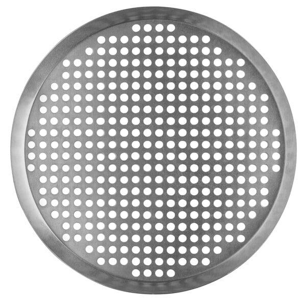 A close-up of a Vollrath 8" heavy weight aluminum pizza pan with perforations.