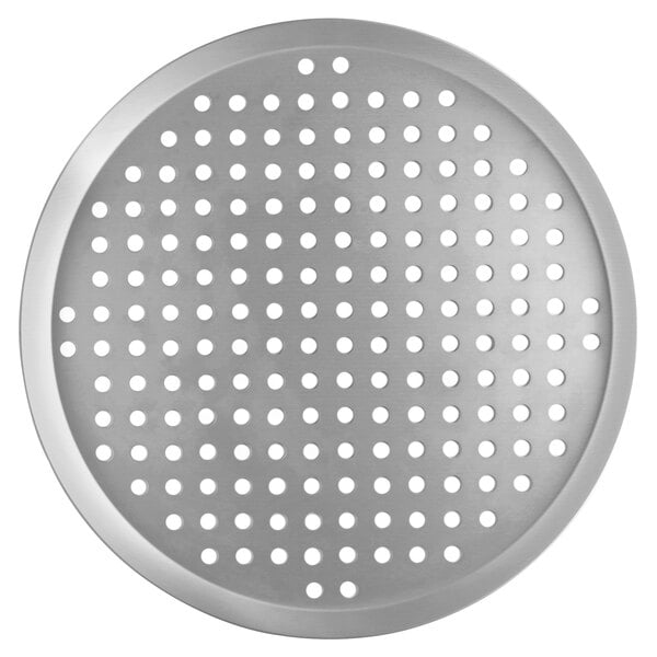 A Vollrath clear coat anodized heavy weight aluminum pizza pan with perforations.