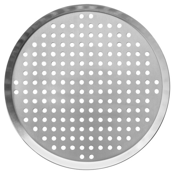 A close-up of a Vollrath aluminum perforated pizza pan with a white background.