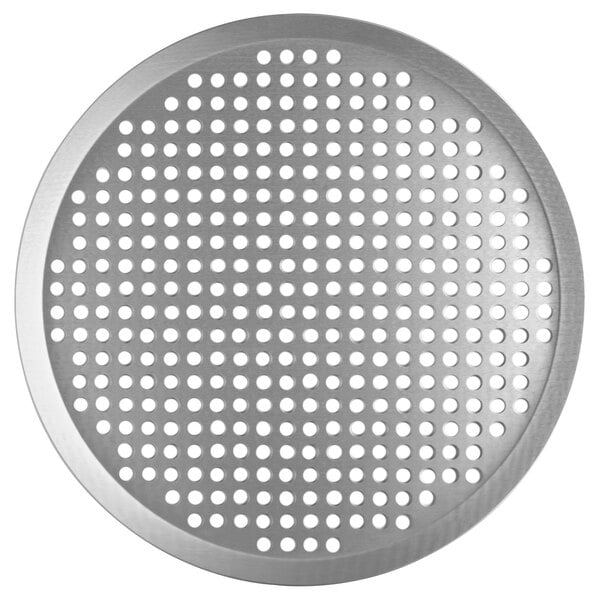 A Vollrath clear coat anodized heavy weight aluminum pizza pan with perforations in a grid pattern.